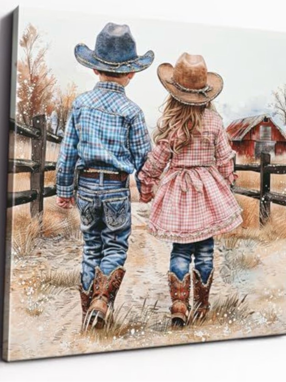Kids Cowboy Canvas Art - Boy in Blue & Girl in Pink
